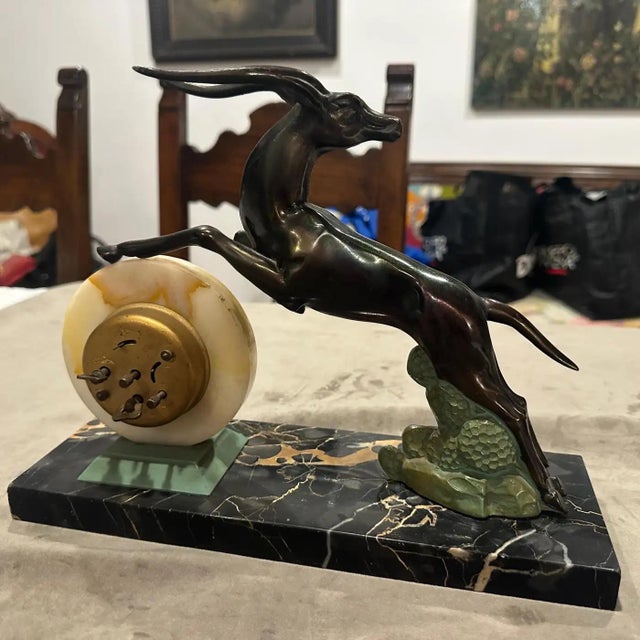 1930s Art Deco Portoro Marble and Metal French Table Clock For Sale - Image 13 of 13