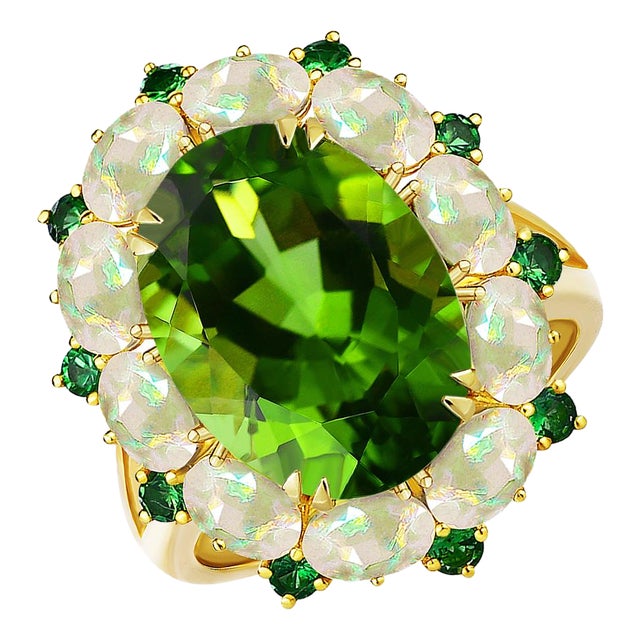 Kai Natural Peridot Opal Tsavorite Cocktail Ring in 14k Yellow Gold, Size 6 For Sale
