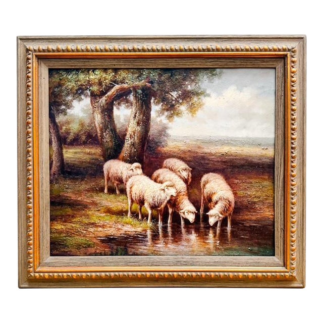 Mid 20th Century Large Framed Pastoral Sheep Landscape Oil-Based Impasto/Acrylic Painting on Canvas – Flock Drinking at Stream For Sale