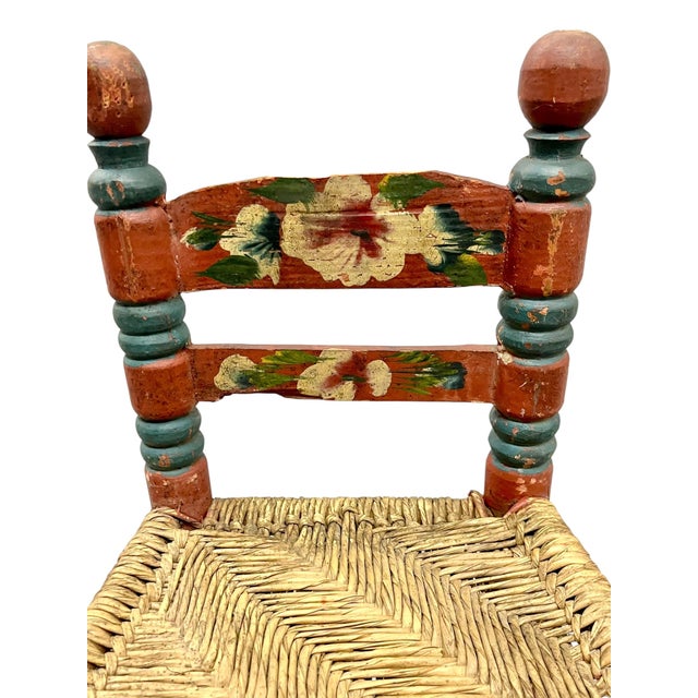 Vintage Set of 2 Hand-Painted Rancho Monterey Mexican Folk Art Children’s Ladderback Chairs With Rush Seats For Sale - Image 10 of 14