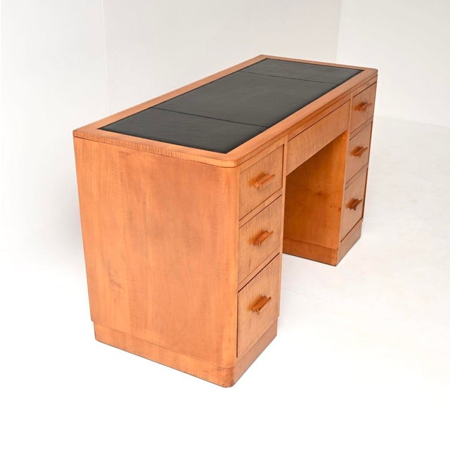 Art Deco Satin Birch Leather Top Pedestal Desk, 1930 For Sale - Image 3 of 11