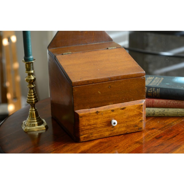 1940s Vintage Primitive Wooden Large Hanging Fireside Candle Box Salt Box For Sale - Image 5 of 15