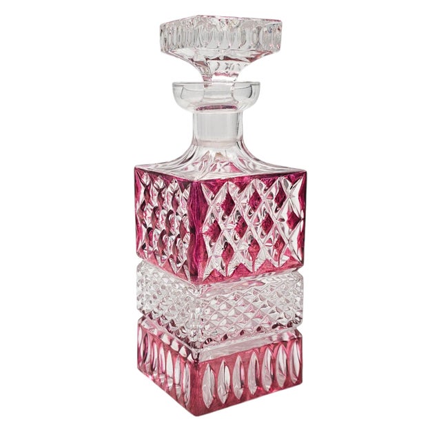 West German a & H Cranberry Cut-to-Clear Lead Crystal Whiskey Decanter 9" For Sale - Image 13 of 15