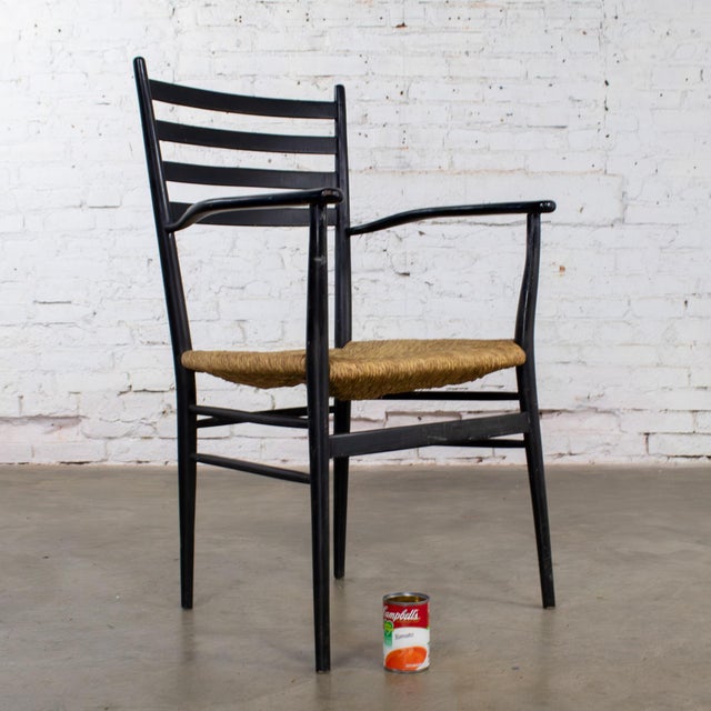 Mid-20th Century Italian MCM Ladderback Armchair Black Frame With Rush Seat Manner of Gio Ponti For Sale - Image 18 of 18