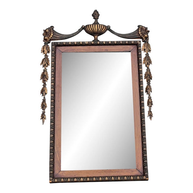 19th Century Neoclassical Mahogany Mirror With Gilt Urn, Cornucopia, Swag and Bellflower Pediment C. 1880 For Sale