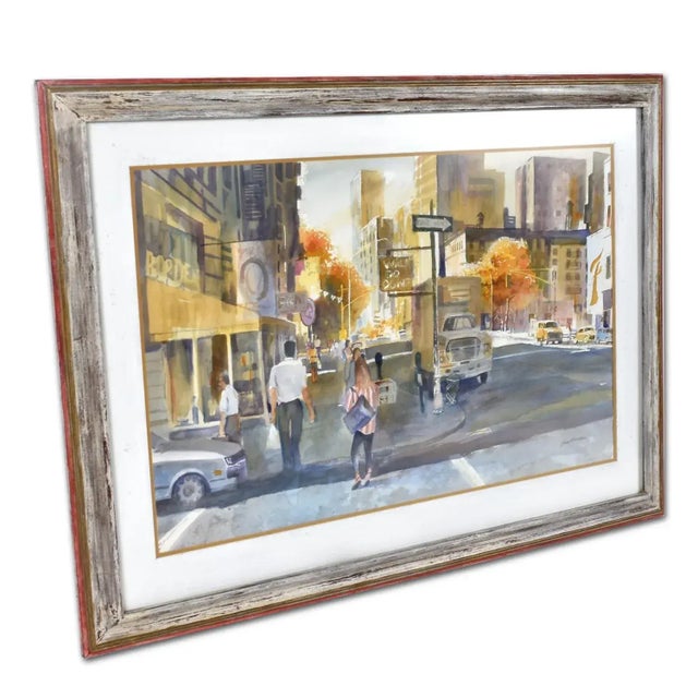 Wood 1990s James C. Borden Large Cityscape Street Scene Watercolor Painting Cerused Frame For Sale - Image 7 of 14