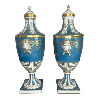 Matching Pair of 1930s Dresden Porcelain Hand Painted Urns and Covers For Sale