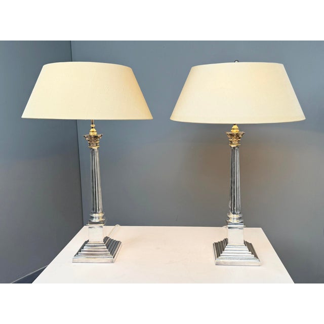 Silver-Plated Table Lamps with Corinthian Columns, England, 1970s, Set of 2 For Sale - Image 6 of 11