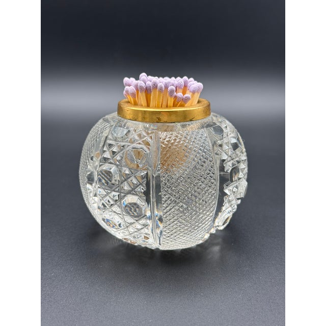 Mid-Century Modern Vintage Cut Glass Match Striker With Brass Top For Sale - Image 3 of 5