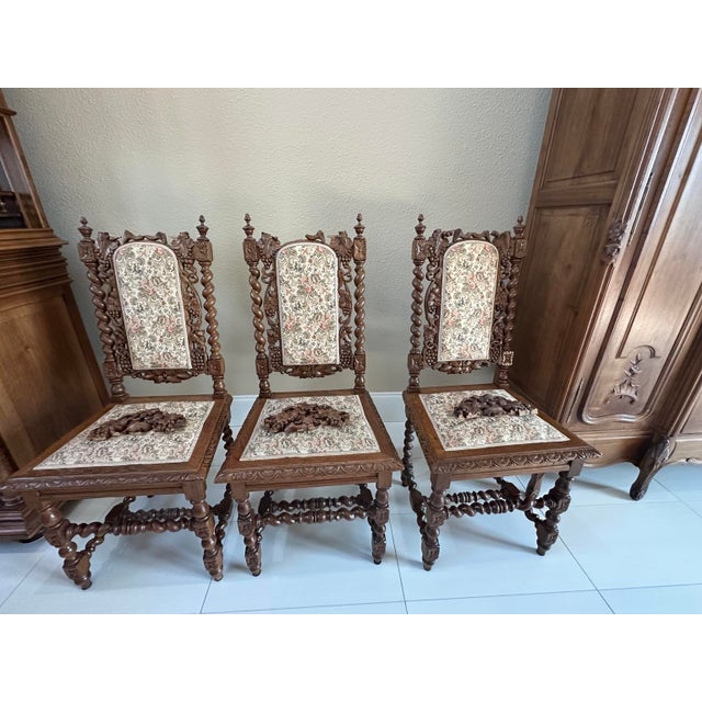 Brown Circa 1860 French Louis XIII Hunting Style Carved Oak Chairs, Set of 6 For Sale - Image 8 of 15