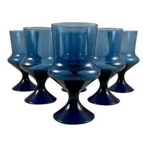 Mid-Century Scandinavian Modern Denby-Milnor Blue Flare Glass Goblets, S/6