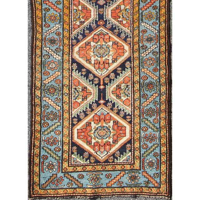 Tribal Colorful 1920s Antique n.w. Persian Runner With Sub-Geometric Medallions 3'0"x13'7" For Sale - Image 3 of 7