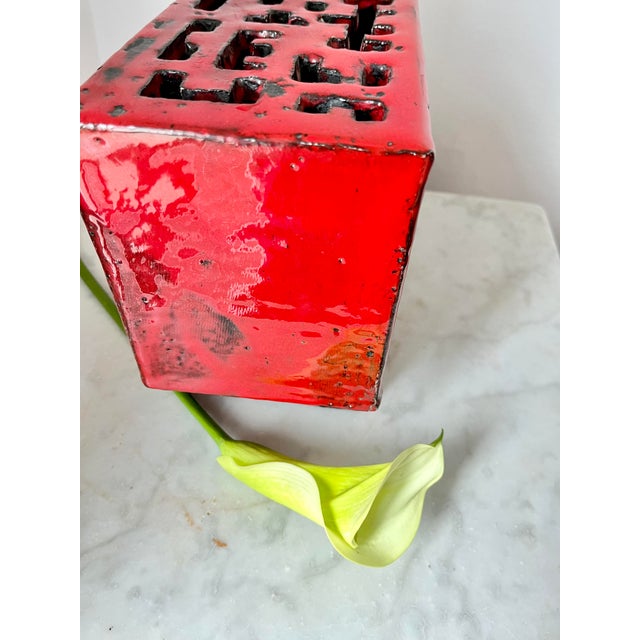 Asian Style Red Ceramic Flower Vase with Floral Insert Holes, 1970s For Sale - Image 9 of 11