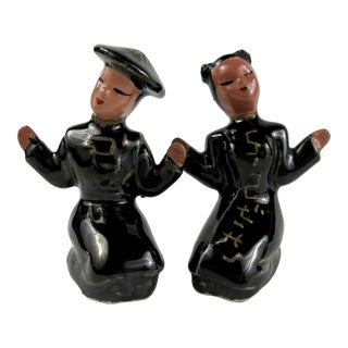 1940s Vintage Japanese Glazed Clay Figural Salt & Pepper Shakers, Set of 2 For Sale
