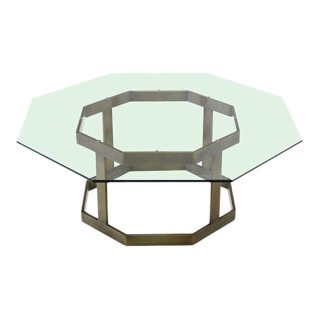 Mid Century Modern Octagonal Brass Base Glass Top Round Coffee Center Table MINT For Sale