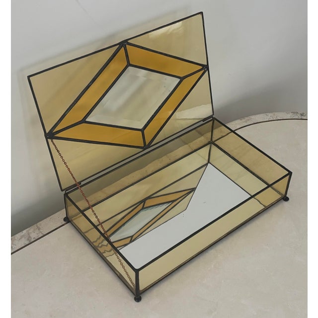 Vintage Art Deco Leaded Glass Footed Box With Mirrored Interior For Sale - Image 4 of 10