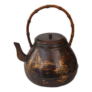 Antique Gilt Rosewood Kettle or Teapot With Butterflies and Flowers, 19th Century For Sale