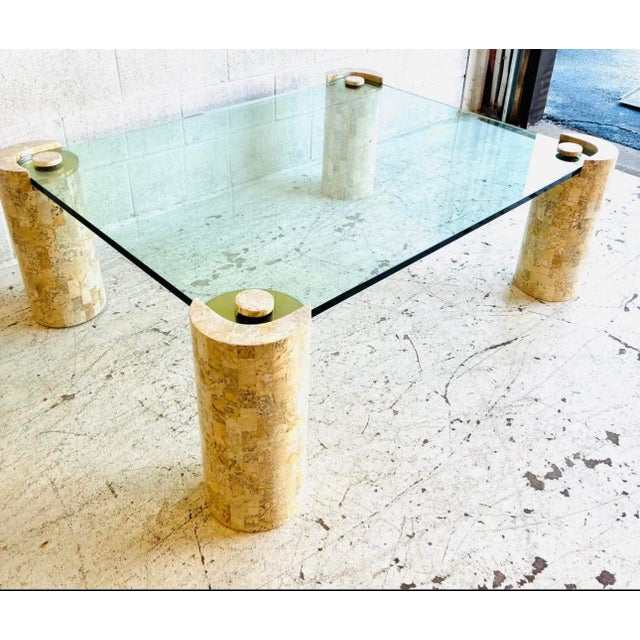 Postmodern 1980s Monumental Karl Springer "Sculpture" Coffee Table in Tessellated Stone & Brass For Sale - Image 3 of 9