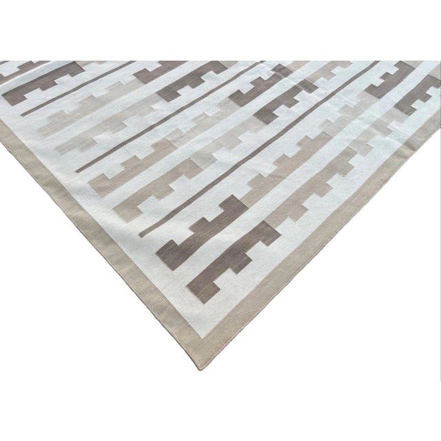 Handmade Cotton Area Rug, Vegetable Dyed Beige and White Marianne Striped Dhurrie-10'x14' For Sale - Image 6 of 10