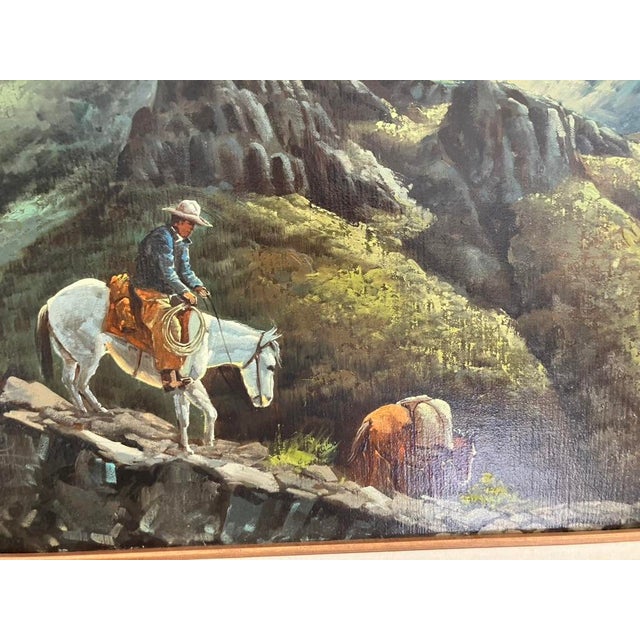 Bottle Green O. MacLeod (Attributed) – Monumental Western Mountain Landscape With Cowboy, Original Oil on Canvas For Sale - Image 8 of 11