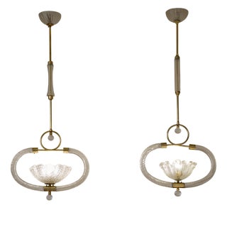 Murano Blown Glass and Brass Pendant Lights by Ercole Barovier for Barovier & Toso, 1930s, Set of 2 For Sale