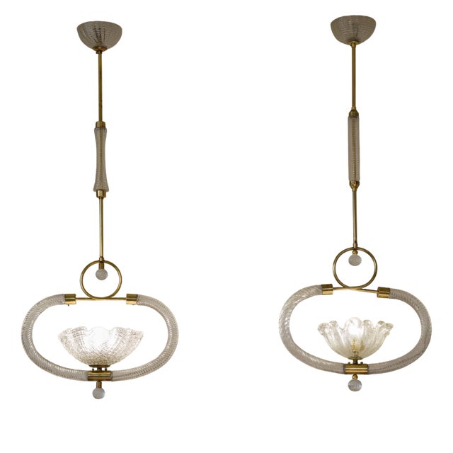 Murano Blown Glass and Brass Pendant Lights by Ercole Barovier for Barovier & Toso, 1930s, Set of 2 For Sale