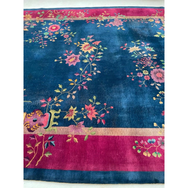 Magenta 1920-1930's Antique Art Deco Asian Botanical Garden Magenta Berry Navy Purple Green Rug 9 2 X 11 8 For Sale - Image 8 of 13