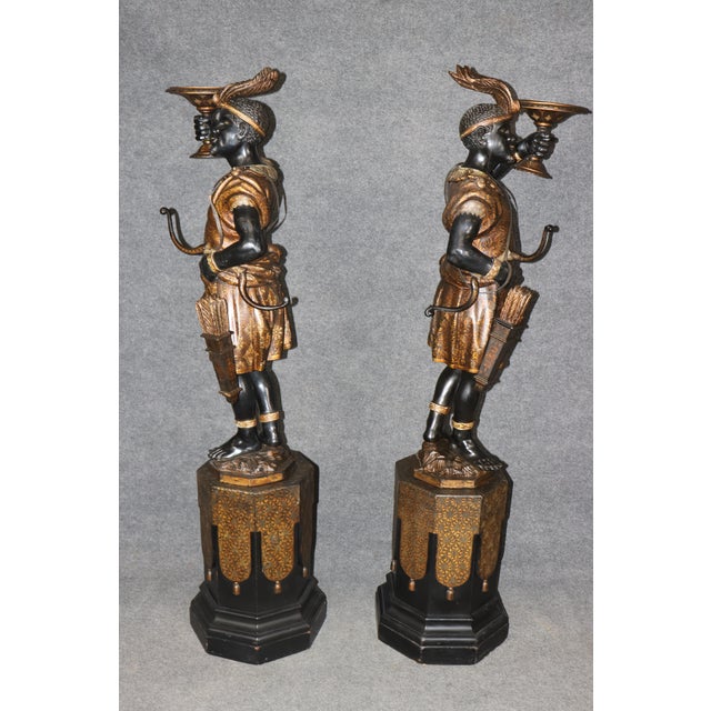 Italian Italian-Made Nubian Blackamoor Carved Wood Polychromed Figures on Pedestals For Sale - Image 3 of 14