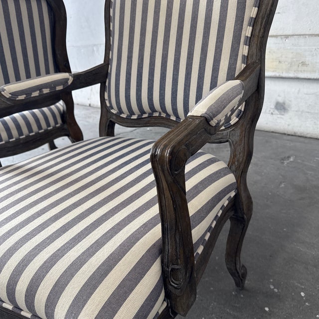 French Louis XV Style Striped Fauteuil Armchairs, Pair For Sale - Image 9 of 12