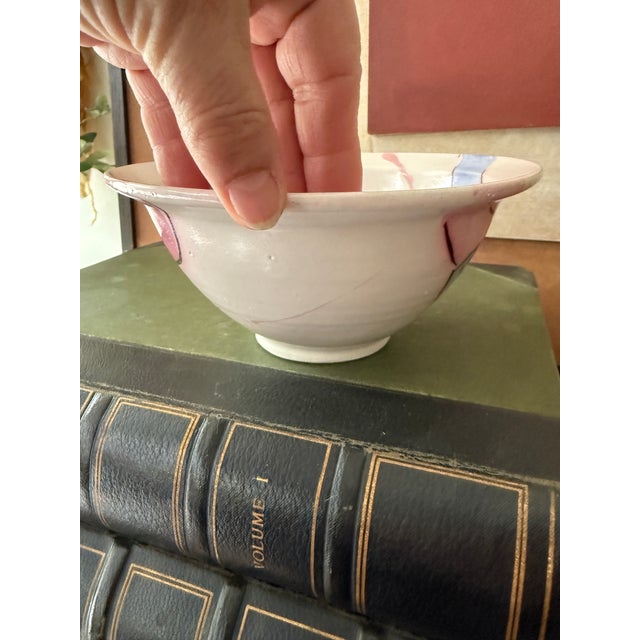 Ceramic Vintage Studio Pottery Bowl 7.5 Inch Wheel Thrown Hand Painted Abstract Pink and Blue Ceramic For Sale - Image 7 of 9
