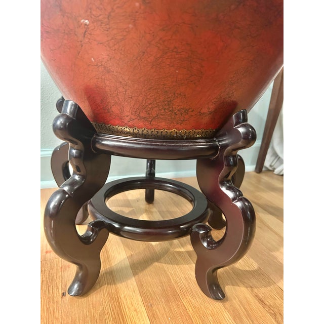 Vintage Chinoiserie Oxblood Fishbowl Planter or Side Table on Stand With Glass Top For Sale In New Orleans - Image 6 of 12