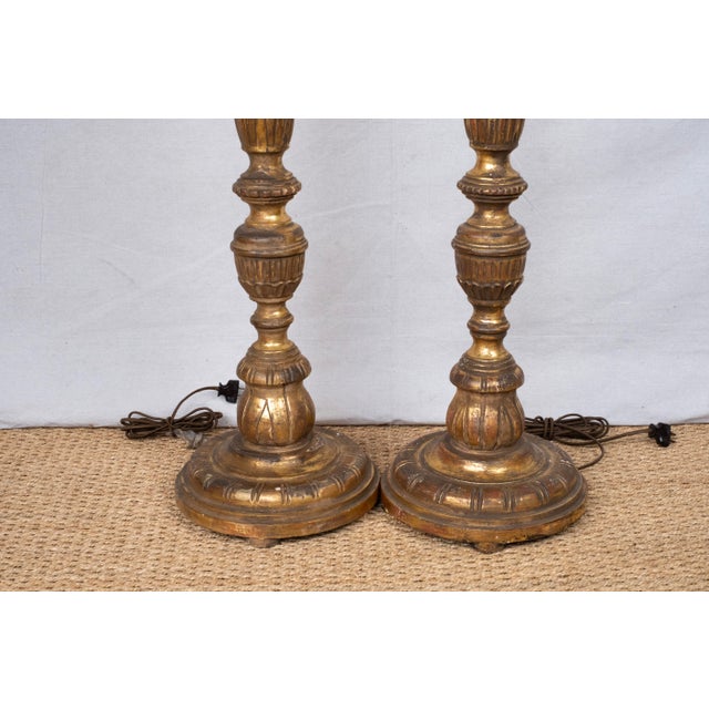 Gold Late 20th Century Carved Wood and Gilded Floor Lamps - a Pair For Sale - Image 8 of 9