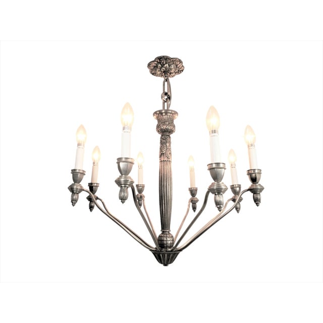 Mid 20th Century Mid 20th Century French Eight Arm Cast Detailed Nickeled Bronze Chandelier, G.Capon For Sale - Image 5 of 12