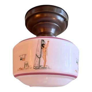 1930s Painted Girl in Shower Flush Mount Fixture in Pinks, Lavender, Black Colors on Brass Fixture For Sale