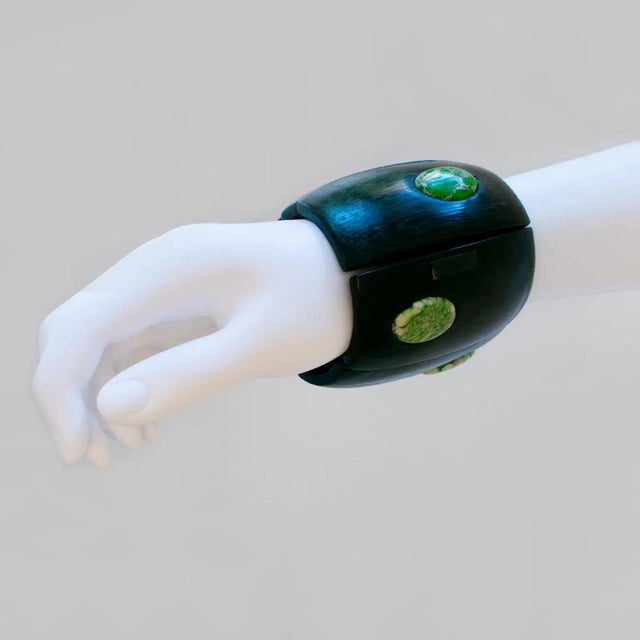 Wood Monies Massive Ebony Wood and Stone Cabochons Stretch Bracelet Bangle For Sale - Image 7 of 15