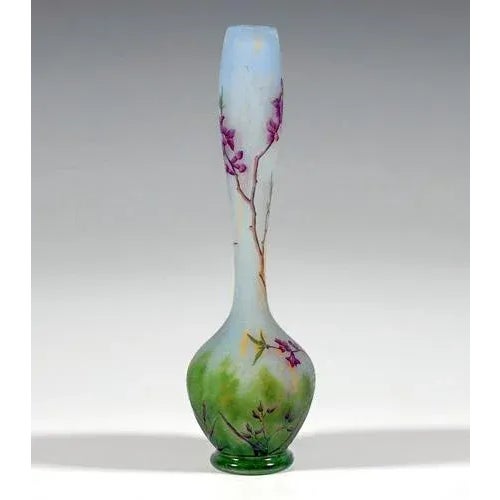 Delicate Art Nouveau cameo vase of the early 20th century: Baluster-shaped stem vase with bulbous base on a stand ring...