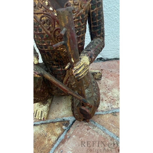 Mid 20th Century Hand-Carved Chinese Wooden Figural Sculpture of Seated Musician Holding Musical Instrument For Sale - Image 10 of 12