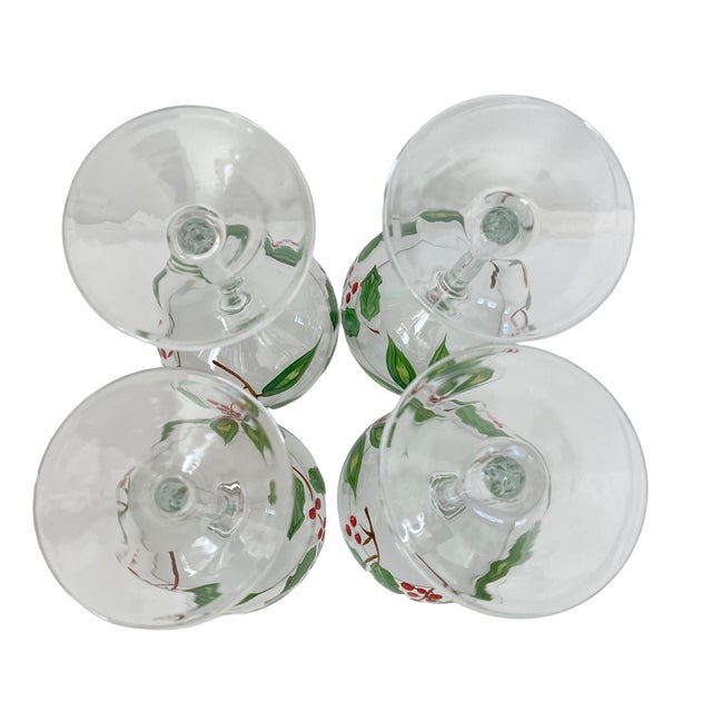 4 Wine Glasses Hand Painted Christmas Holiday Holly Berry For Sale - Image 4 of 4
