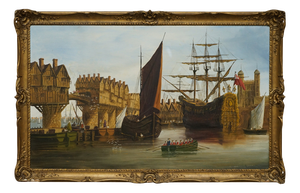 Malcolm Gearing, Victorian Naval Scene on the Thames, 1972, Large Oil on Canvas, Framed