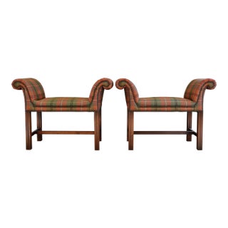 Mid 20th Century Chippendale Style Mahogany Hall Benches in Plaid Wool - A Pair For Sale