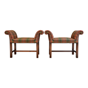 Mid 20th Century Chippendale Style Mahogany Hall Benches in Plaid Wool - A Pair