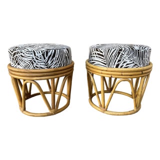 A Pair Bohemian Coastal Style Rattan Footstools/ Ottomans. Circa 1980s For Sale