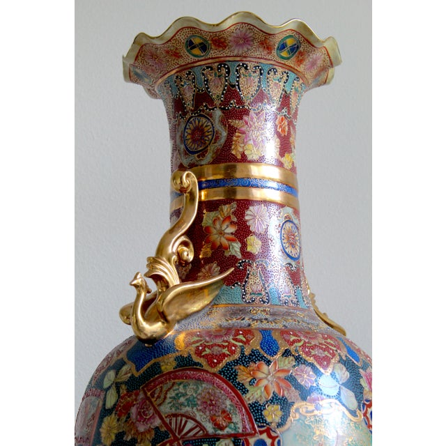 Monumental 50.5" Chinese Export Royal Satsuma-Style Palace Floor Vase With Wooden Stand For Sale - Image 10 of 18