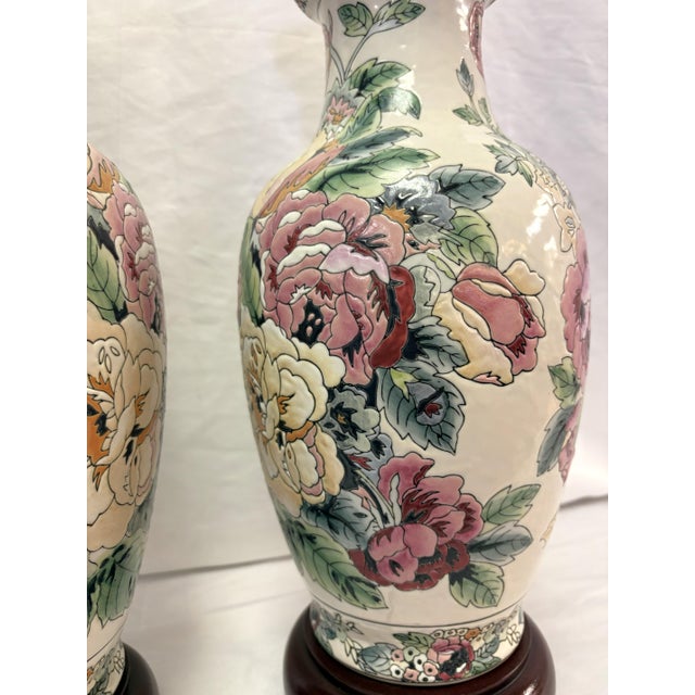 Vintage Ceramic Vase Lamps With Elegant Floral Design on Wood Plinths- A Pair For Sale - Image 12 of 15