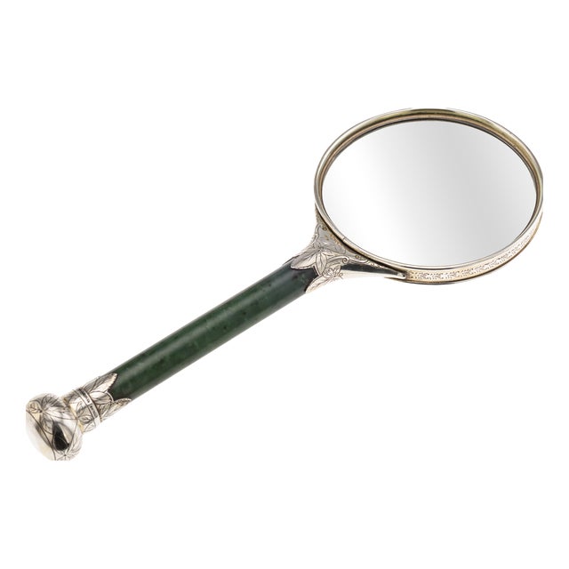 Antique Silver and Spinach Jade Magnifying Glass, 1880s For Sale
