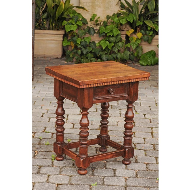 Italian 1870s Walnut Side Table with Dentil Molding, Drawer and Turned Base For Sale - Image 4 of 11