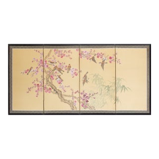 C. 1970s Chinese Painted Silk Screen "Sparrows and Plum Blossom" For Sale