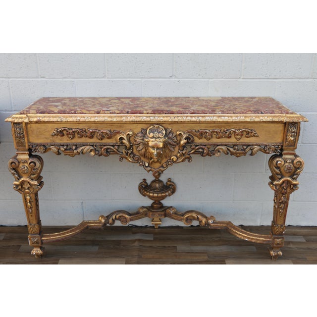 Baroque Antique Italian Baroque Giltwood Console Tables With Breccia Marble Tops | Pair | Circa 1900s For Sale - Image 3 of 18