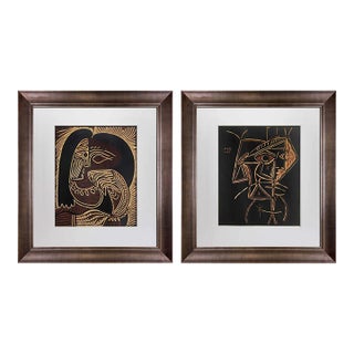 Pair of Pablo Picasso Linogravures "Femme Au Collier" & "Tête De Femme" For Sale