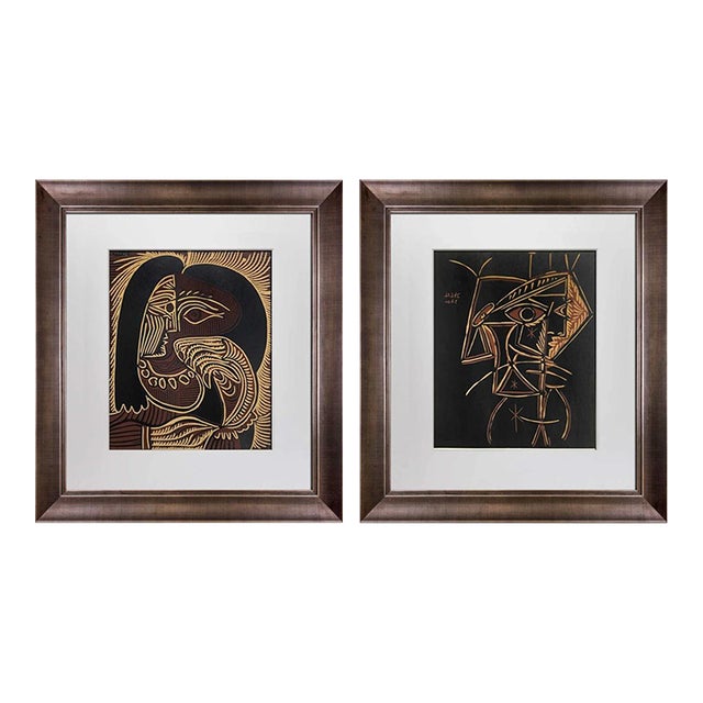 Pair of Pablo Picasso Linogravures "Femme Au Collier" & "Tête De Femme" For Sale